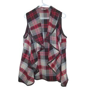 Open Front Plaid Vest With 2 Pockets Rust/Brown Cotton-Polyester Blend XL